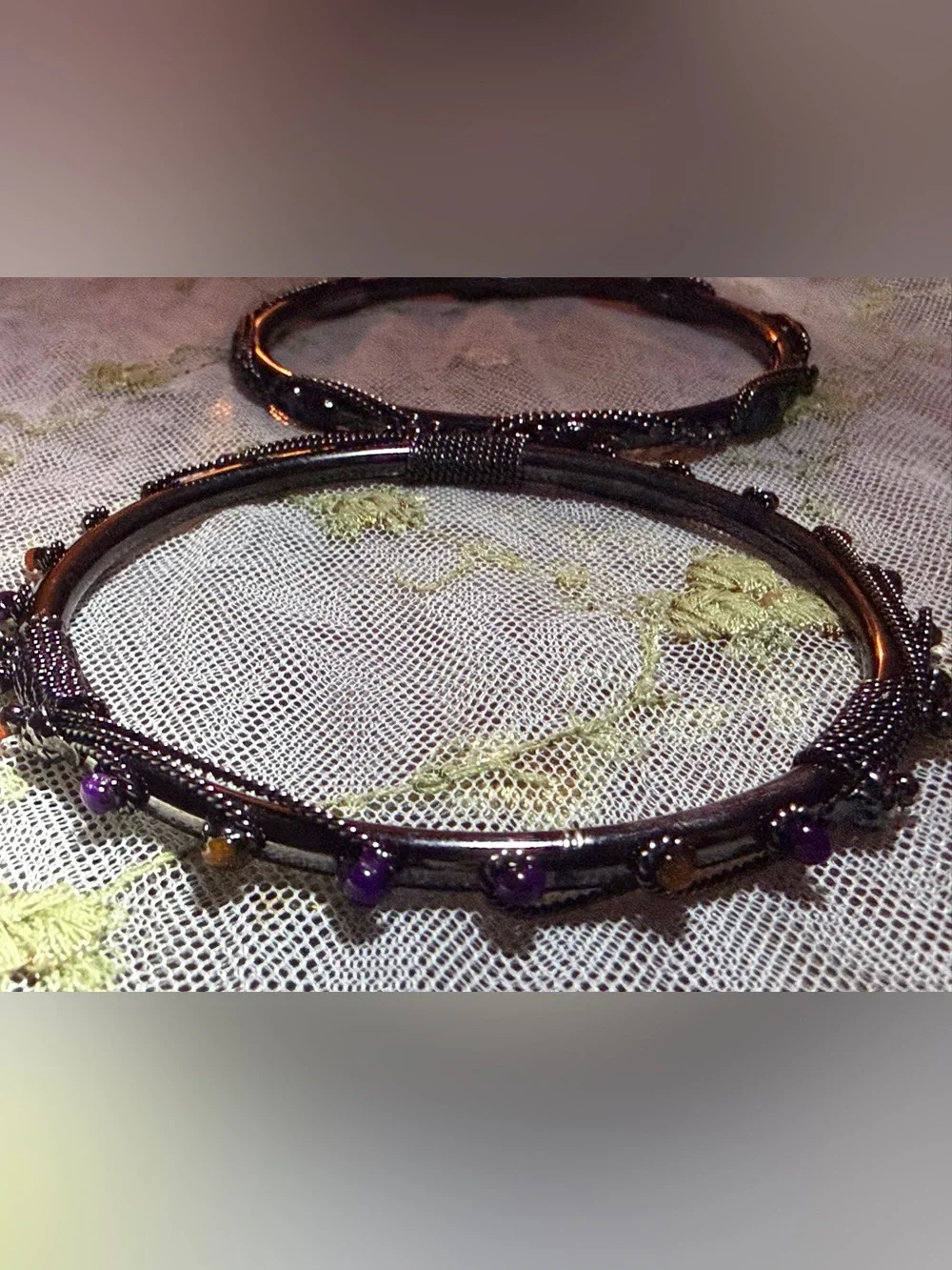 Vintage Gothic Twisted Metal and Jeweled Bangle Bracelet set